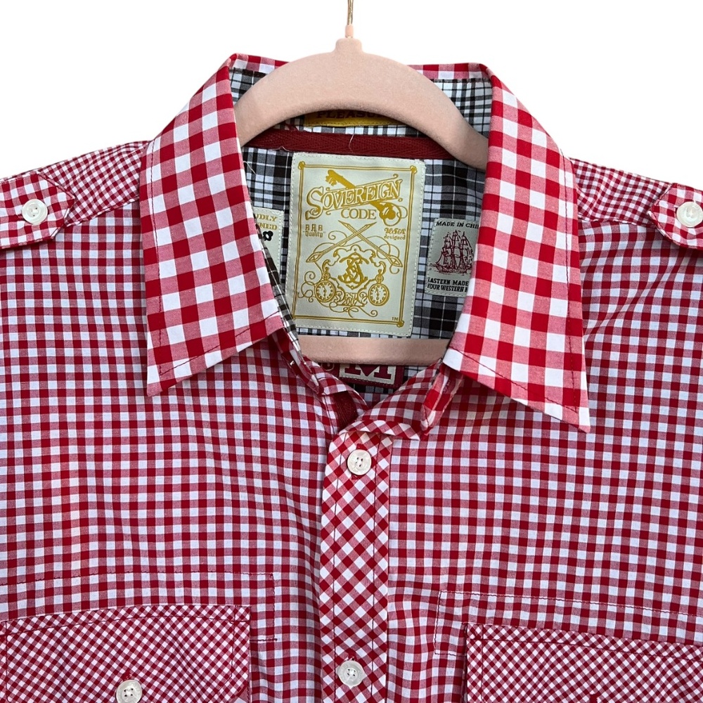 Sovereign Code Sherman Red Gingham Button Up Roll… - image 3